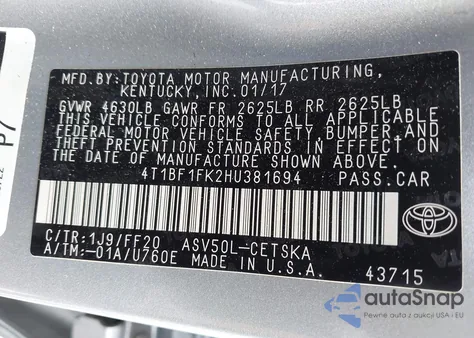 2017 Toyota Camry Se from USA, damaged, VIN 4T1BF1FK2HU381694